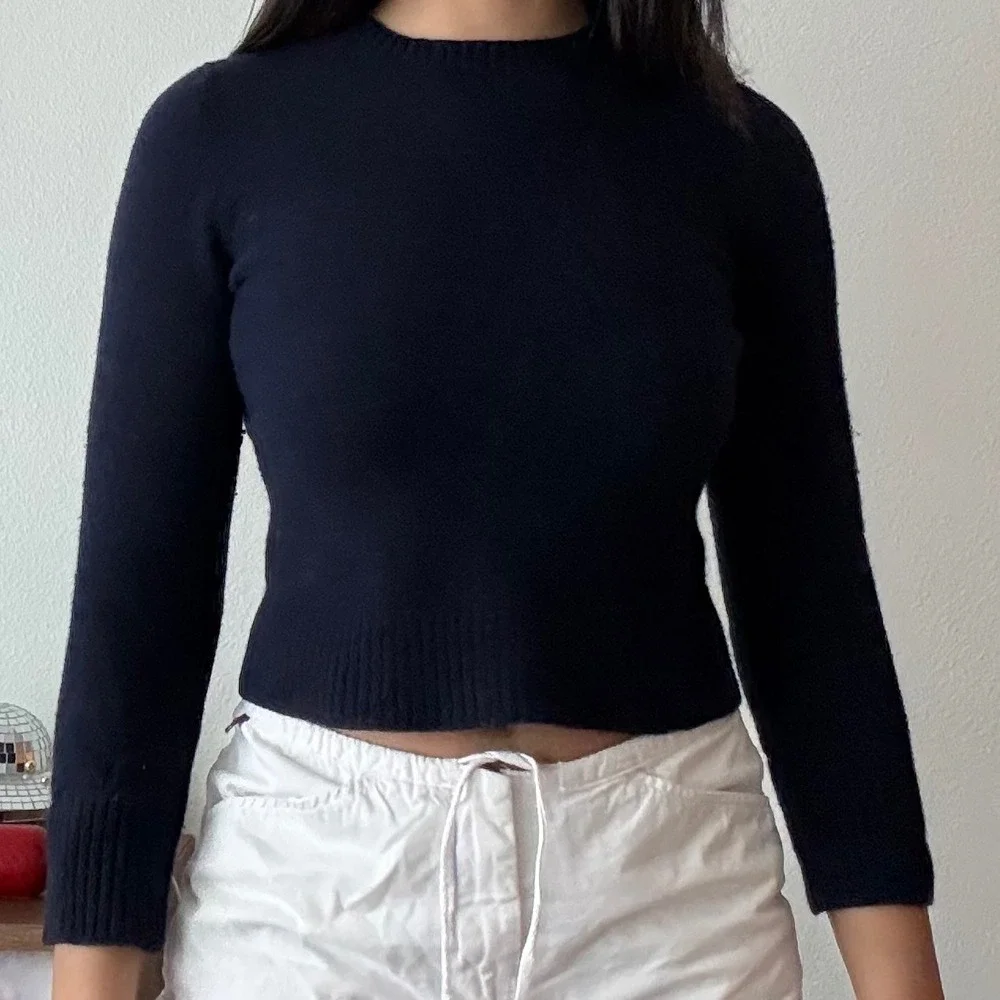 J.Crew Navy Blue 100% Lambswool Crewneck‎ Sweater Slim Fit Cropped Knit